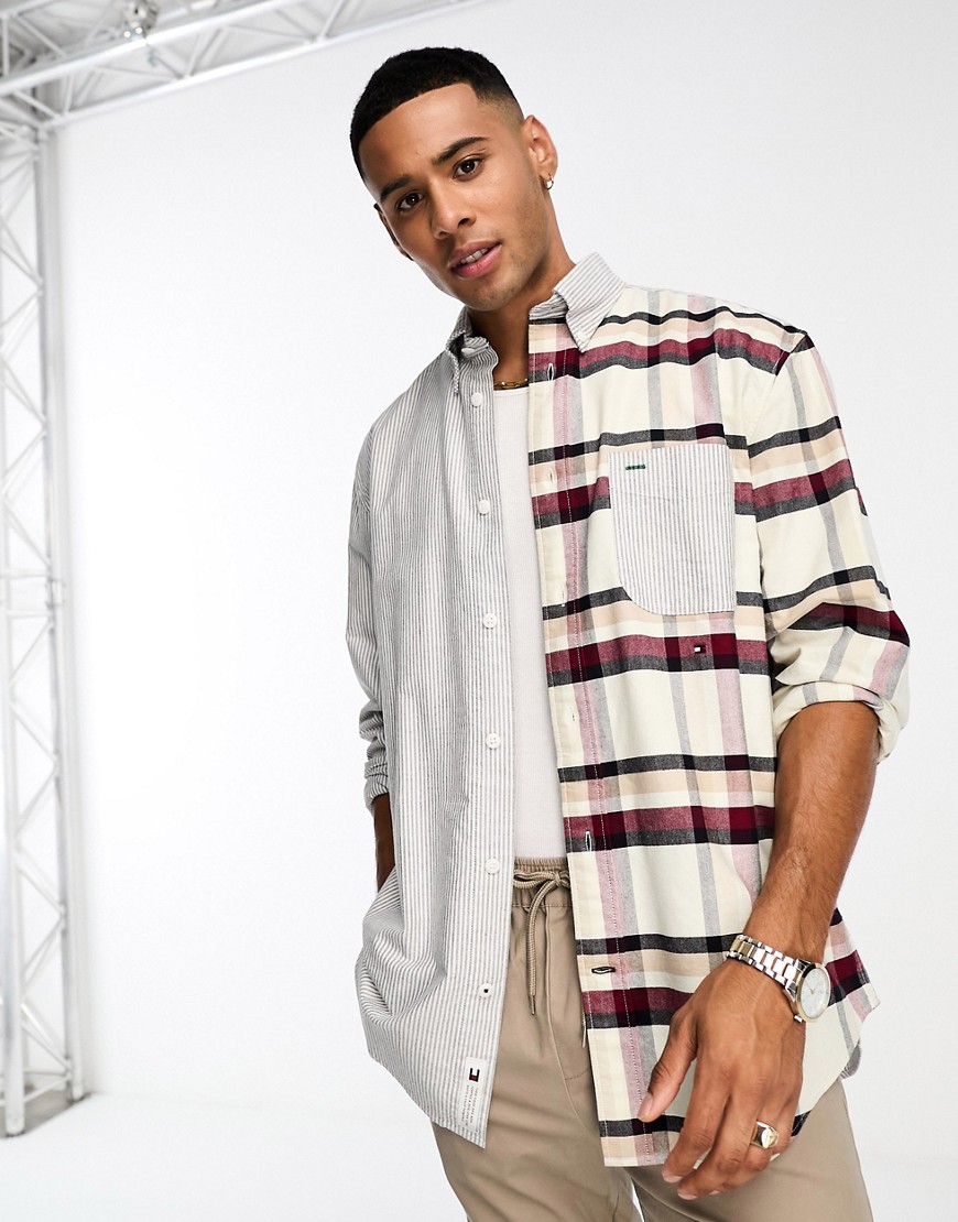 Tommy Hilfiger global check blocking shirt in ivory-White