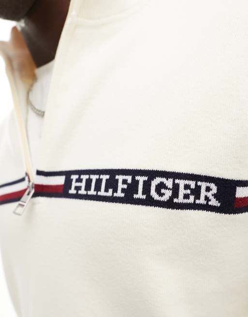 Tommy Hilfiger – Global – Gräddvit tröja med dragkedja, ståkrage och ränder, 2 av 4