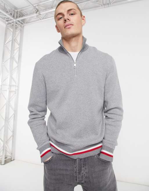 Tommy Hilfiger global stripe hem half zip knit jumper in dark grey heather