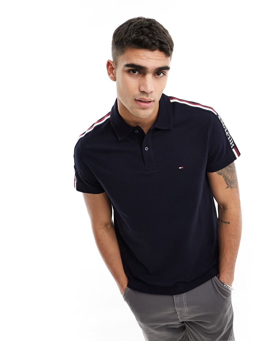 Tommy Hilfiger global stripe monotype regular polo shirt in Navy-Black