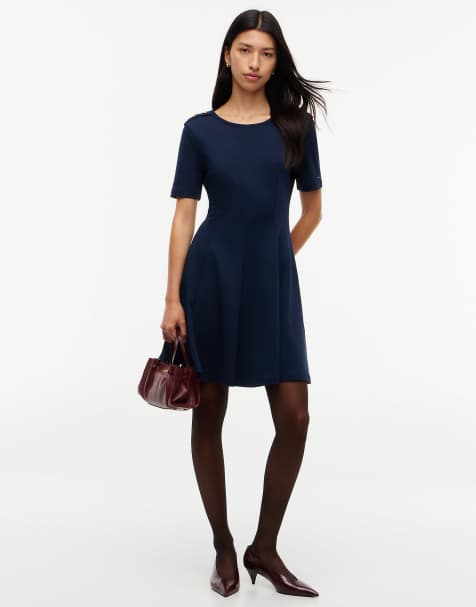 Tommy Hilfiger Gold-tone button boat neck slim dress in dark blue