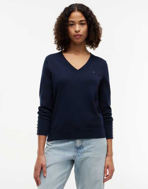 Tommy Hilfiger Gold-tone button cuff v-neck jumper in dark blue
