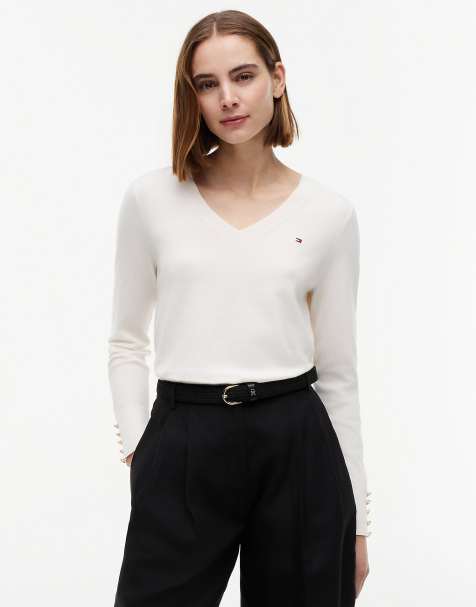 Tommy Hilfiger Gold-tone button cuff v-neck jumper in white