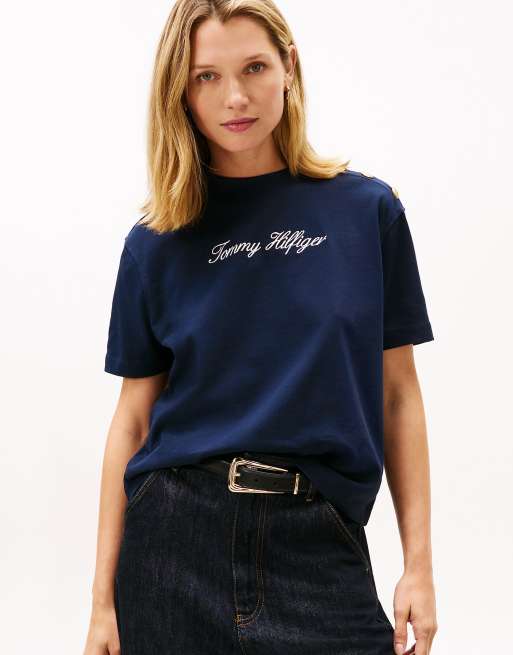 Tommy Hilfiger Gold-tone button logo embroidery relaxed t-shirt in dark blue