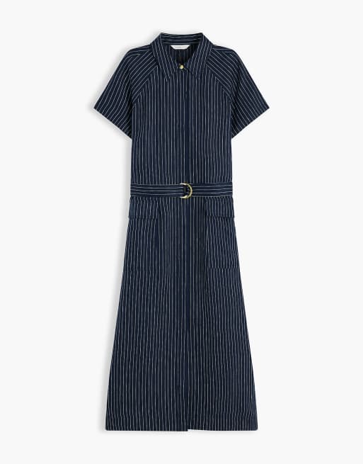 Tommy Hilfiger Gold-tone button pinstripe dress with linen in dark blue, 5 of 6
