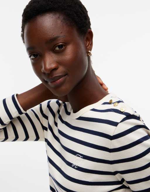 Tommy Hilfiger Gold-tone button slim long sleeve t-shirt in stripe cream / dark blue, 3 of 6