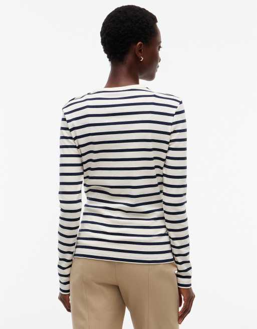 Tommy Hilfiger Gold-tone button slim long sleeve t-shirt in stripe cream / dark blue, 4 of 6