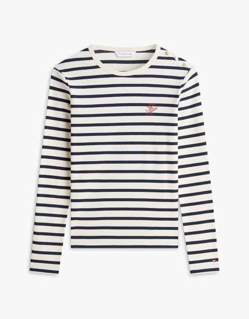 Tommy Hilfiger Gold-tone button slim long sleeve t-shirt in stripe cream / dark blue, 5 of 6