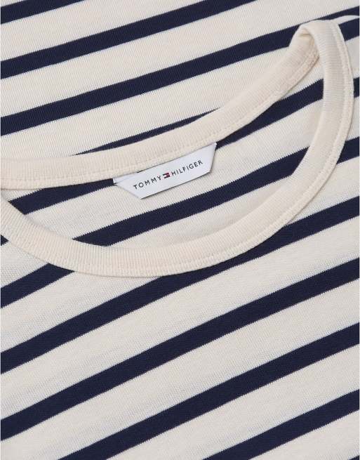Tommy Hilfiger Gold-tone button slim long sleeve t-shirt in stripe cream / dark blue, 6 of 6