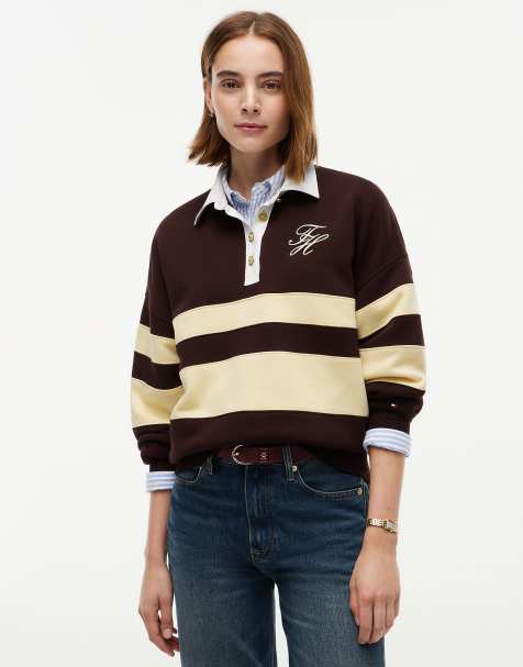 Tommy Hilfiger Gold-tone button stripe rugby sweatshirt in chocolate - view 1