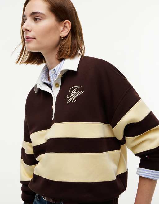 Tommy Hilfiger Gold-tone button stripe rugby sweatshirt in chocolate, 3 of 5