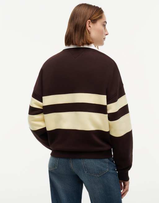Tommy Hilfiger Gold-tone button stripe rugby sweatshirt in chocolate, 4 of 5