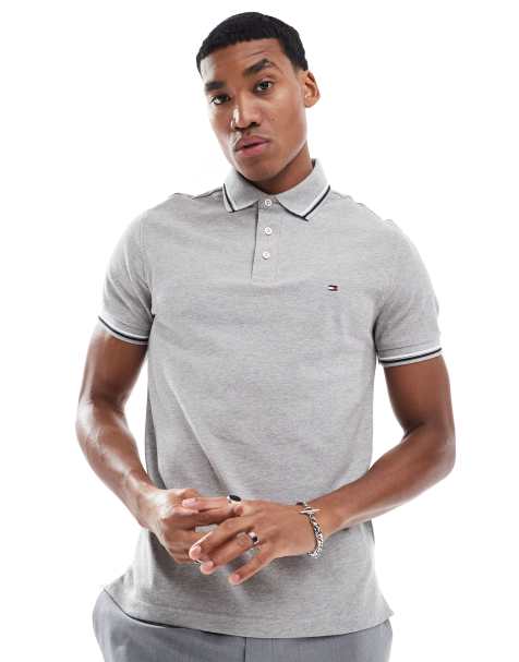 Tommy Hilfiger – Grå pikétröja i smal passform med kantrand - view 1