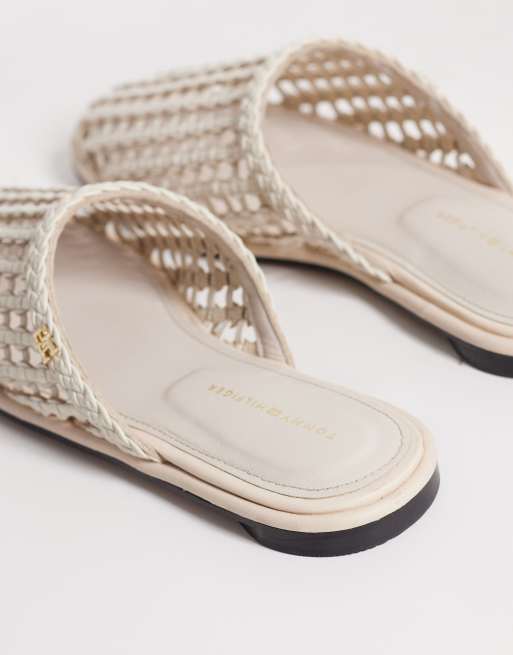 Tommy Hilfiger – Gräddvita, vävda sandaler i läder med öppen häl, 4 av 4