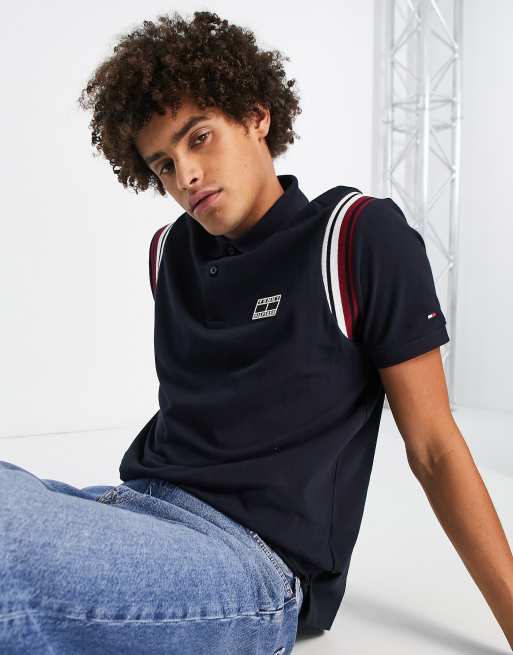 Tommy Hilfiger – Granatowa koszulka polo o regularnym kroju z mieszanki bawełny z prążkowanym detalem na ramionach 