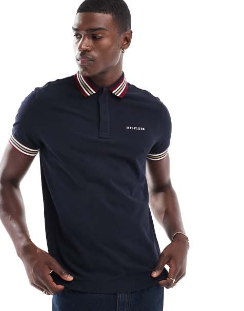 Tommy Hilfiger – Granatowa koszulka polo z ozdobnymi paseczkami na kołnierzyku - view 1