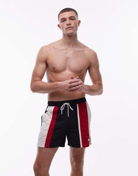 Tommy Hilfiger – Granatowo-czerwone szorty kąpielowe ze ściąganym sznurkiem i wzorem w bloki kolorów - view 1