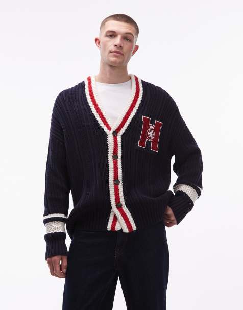 Tommy Hilfiger – Granatowo-czerwony kardigan z haftowanym logo - view 1