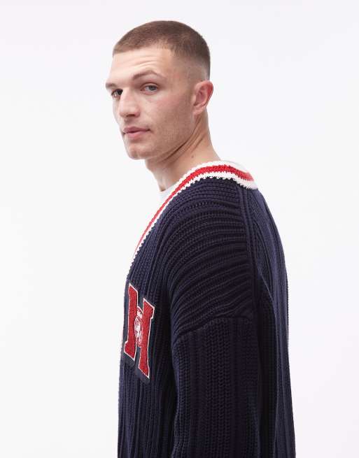 Tommy Hilfiger – Granatowo-czerwony kardigan z haftowanym logo, 4 z 5