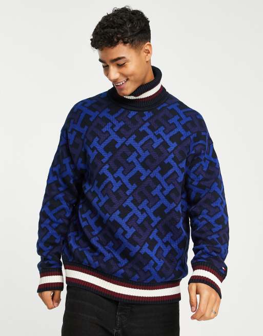 Tommy Hilfiger – Granatowy sweter we wzór w monogramy z lamówkami z bawełnianej dzianiny