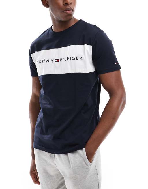 Tommy Hilfiger – Granatowy T-shirt domowy z paskiem z logo