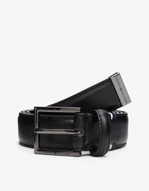 Tommy Hilfiger – Gürtel aus genarbtem Leder in Schwarz mit Endstück aus Metall