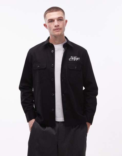 Tommy Hilfiger – Hemdjacke in Schwarz mit Fischgrätmuster und Logo-Grafikaufdruck auf der Brust - view 1