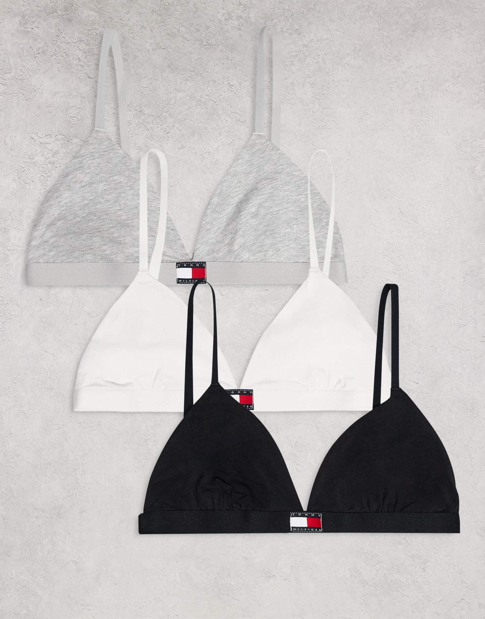 tommy hilfiger heritage 3 pack triangle bra in black/white/gray