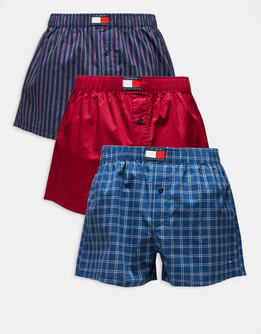 Tommy Hilfiger Heritage 3 pack woven boxers in blue plaid/red/stripes