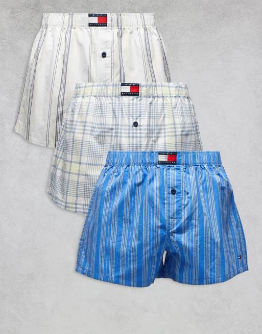 Tommy Hilfiger Heritage 3 pack woven boxers in grey plaid/grey stripe/blue stripe