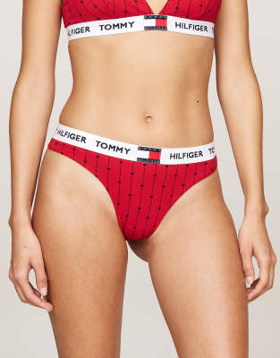 Tommy Hilfiger Heritage Print Repeat Logo Waistband Thong in Red