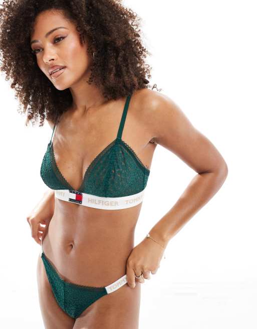 Tommy Hilfiger – Heritage – Spitzen-Set aus BH und Tanga in Grün mit Leopardenmuster