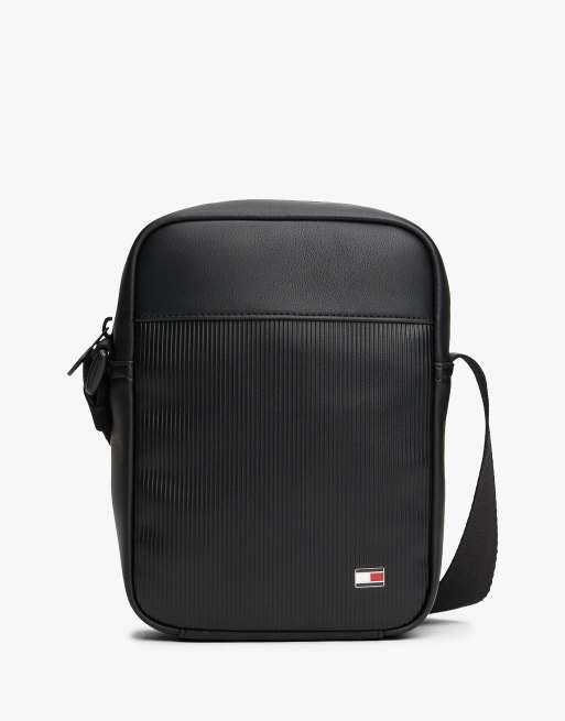 Tommy Hilfiger Hilfiger flag ribbed crossbody reporter bag in black