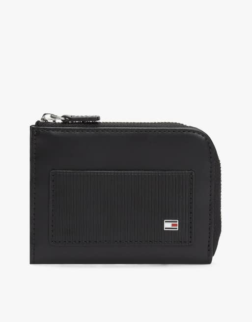 Tommy Hilfiger Hilfiger flag ribbed leather zip-around wallet in black