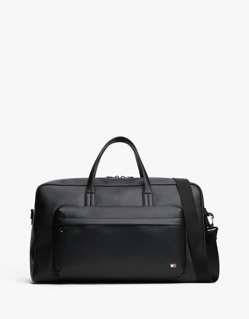Tommy Hilfiger Hilfiger flag ribbed pocket duffel bag in black