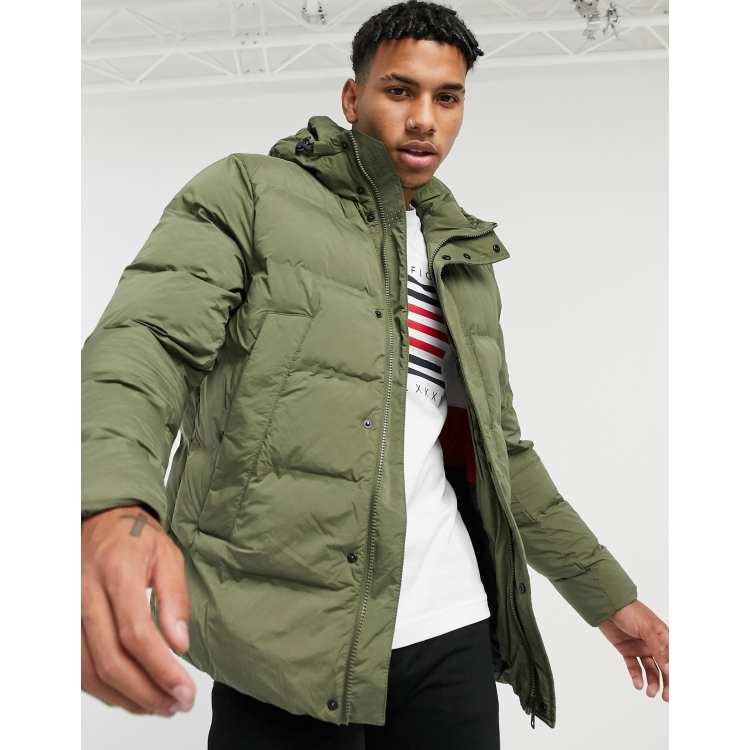 Tommy hooded stretch puffer jacket in khaki green | ASOS