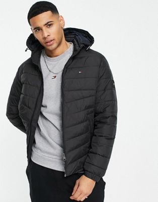 Tommy Hilfiger hooded taping puffer jacket in black
