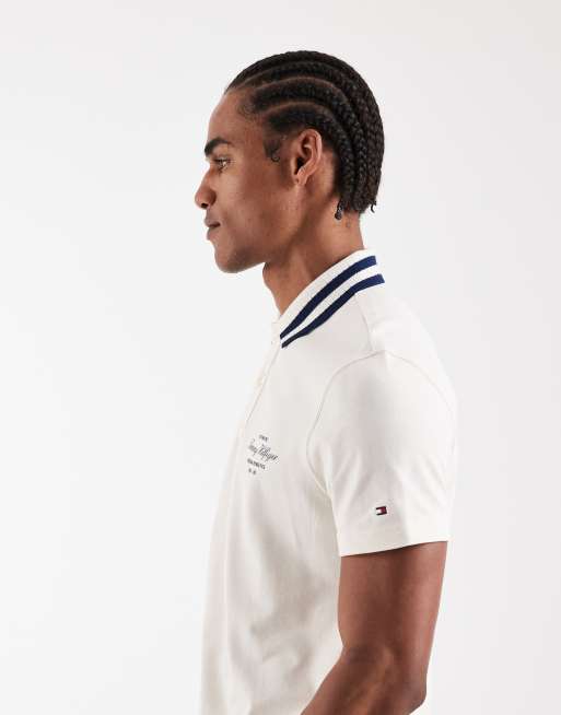 Tommy Hilfiger - Hvid poloskjorte med stribet krave i Regular Fit, 3 af 5