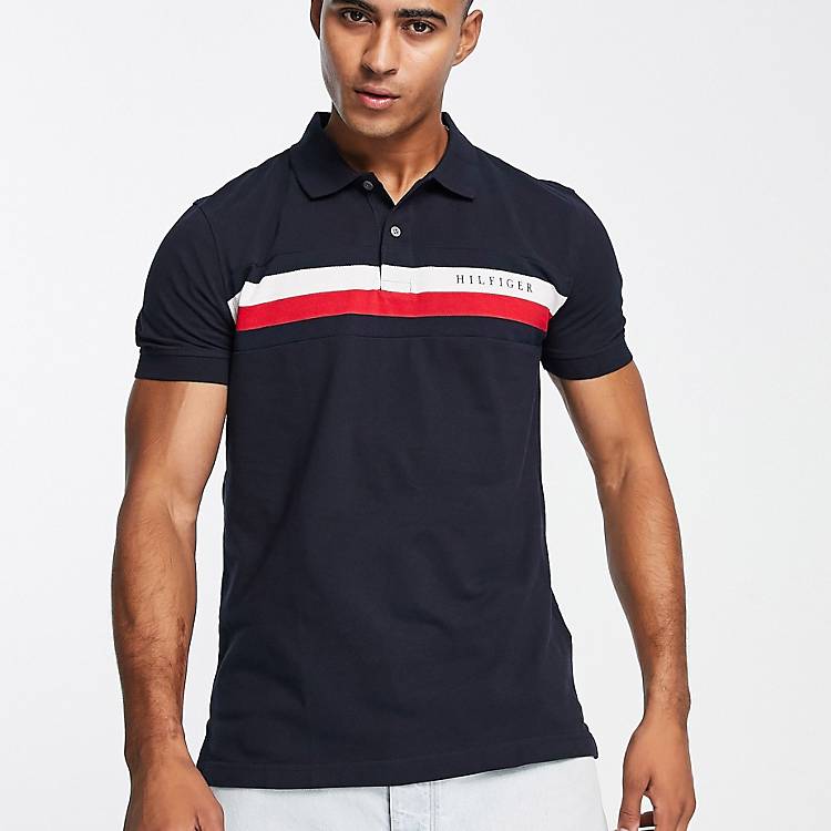 Tommy Hilfiger icon chest stripe pique polo regular fit in navy | ASOS
