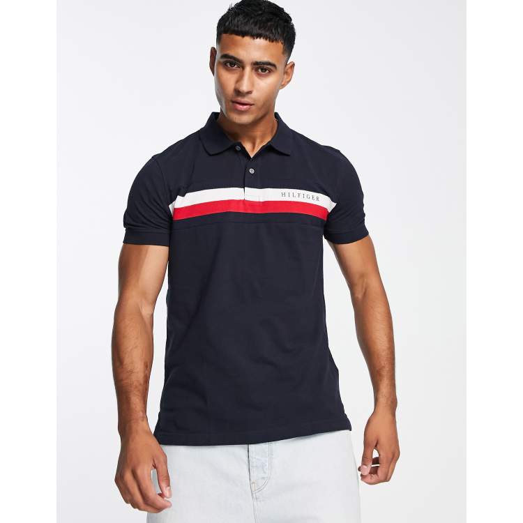 Tommy Hilfiger icon chest stripe pique polo regular fit in navy | ASOS