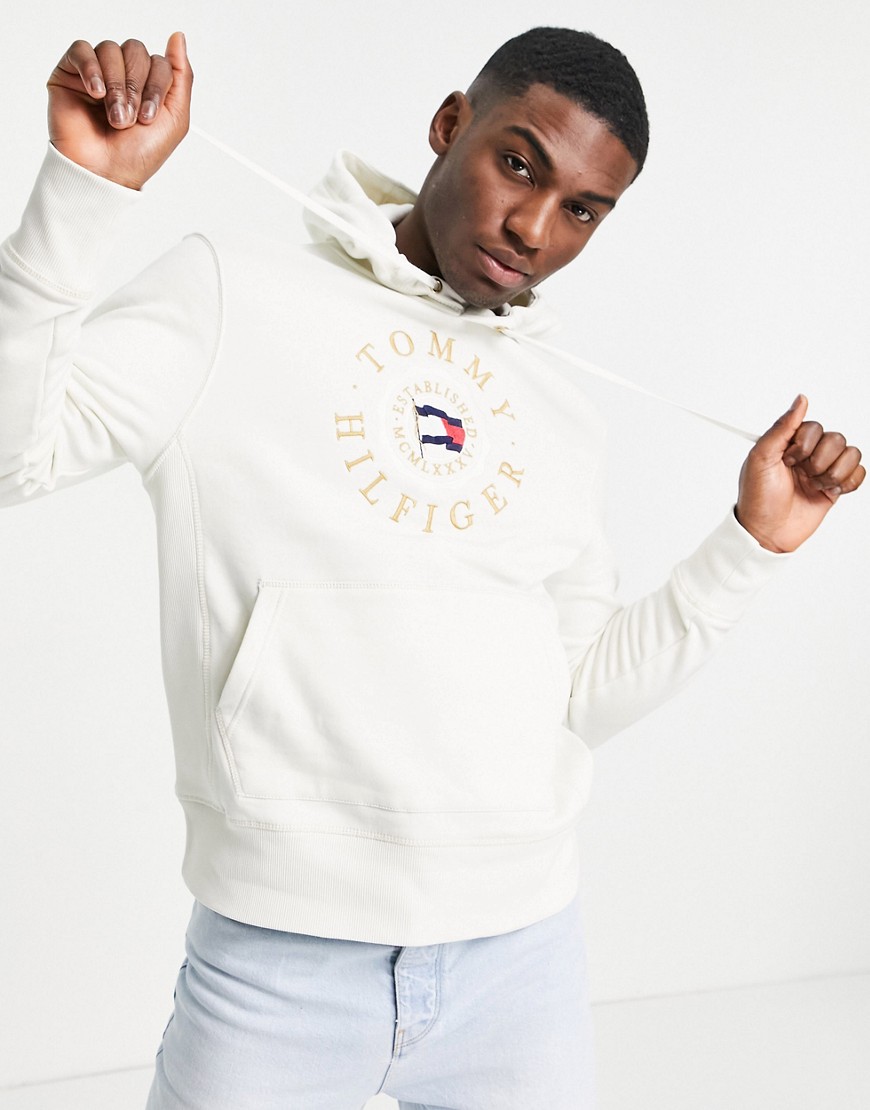 TOMMY HILFIGER ICON COIN LOGO EMBROIDERY HOODIE IN IVORY-WHITE,MW0MW18366YBI