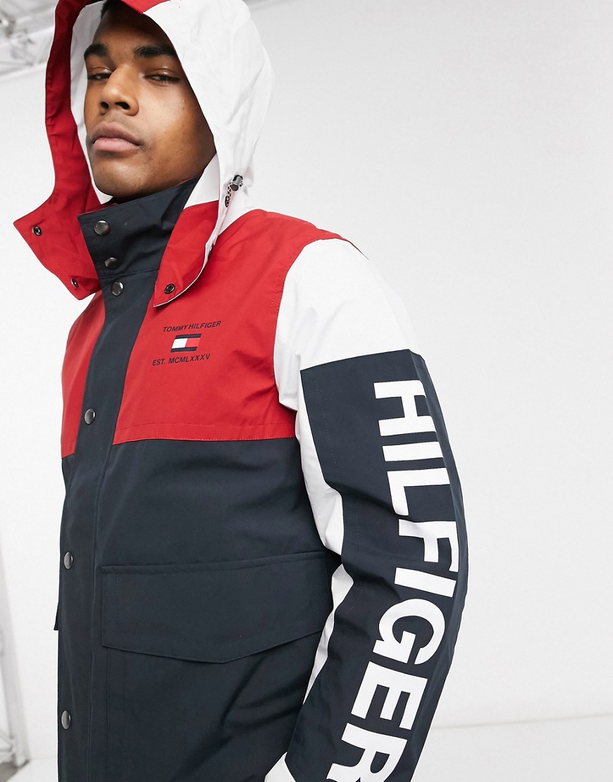 Tommy Hilfiger Icon Colourblock Capsule detachable hood logo parker coat in red/white/navy-Multi