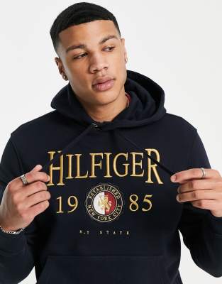 Tommy hilfiger icon stripe logo print hoodie hot sale in navy