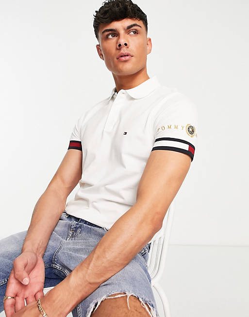 Tommy Hilfiger icon flag cuff tipping slim fit pique polo in white | ASOS