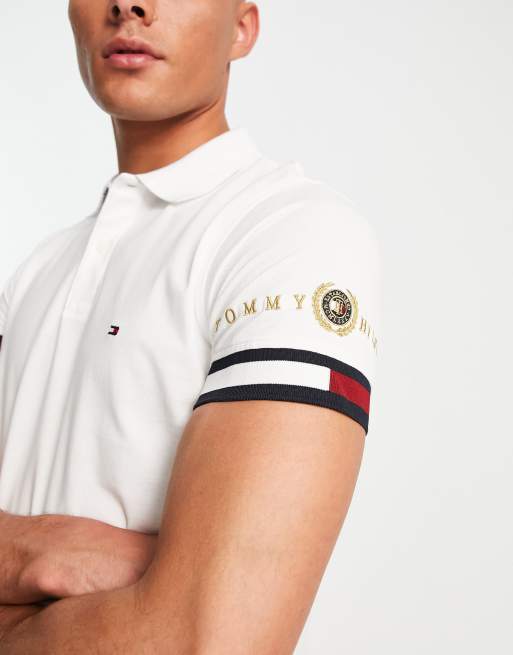 Tommy Hilfiger icon flag tipping pique cuff ASOS fit polo | slim in white