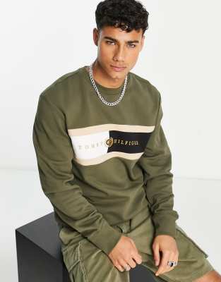 Tommy Hilfiger icon flag logo insert panel sweatshirt in dark green