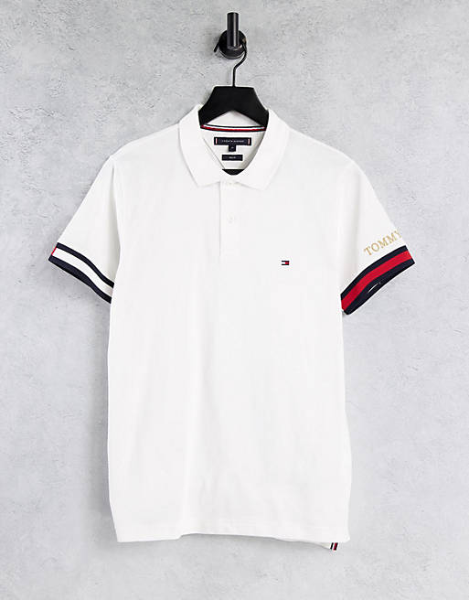 Tommy Hilfiger icon logo flag cuff slim fit pique polo in white | ASOS