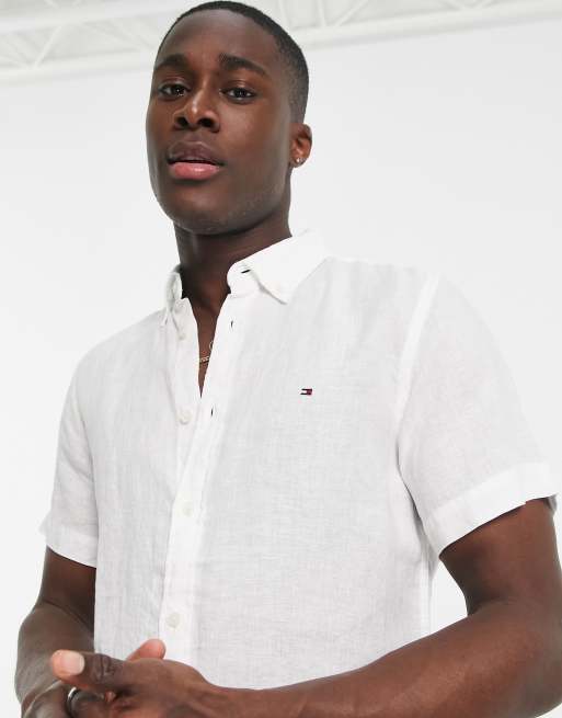 Tommy Hilfiger Pigment Dyed Linen Short Sleeve Shirt In Peach Dusk