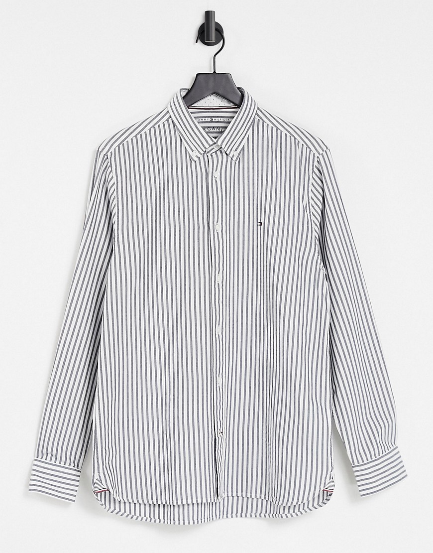 Tommy Hilfiger icon logo stripe oxford regular fit shirt in desert sky navy and white