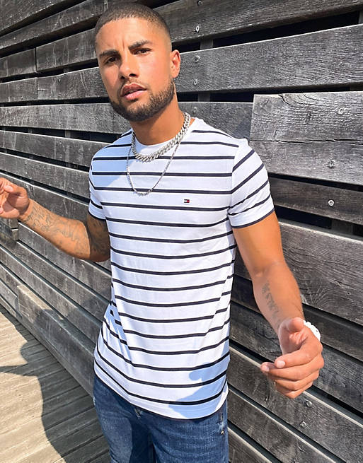 Forge Mosque steel Tommy Hilfiger icon logo stripe slim fit t-shirt in white | ASOS